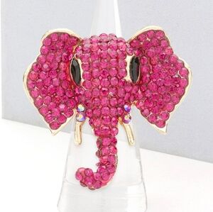 Gold and Pink Crystal Elephant Stretch Fashion Ring Rhinestone Finger Adjustable